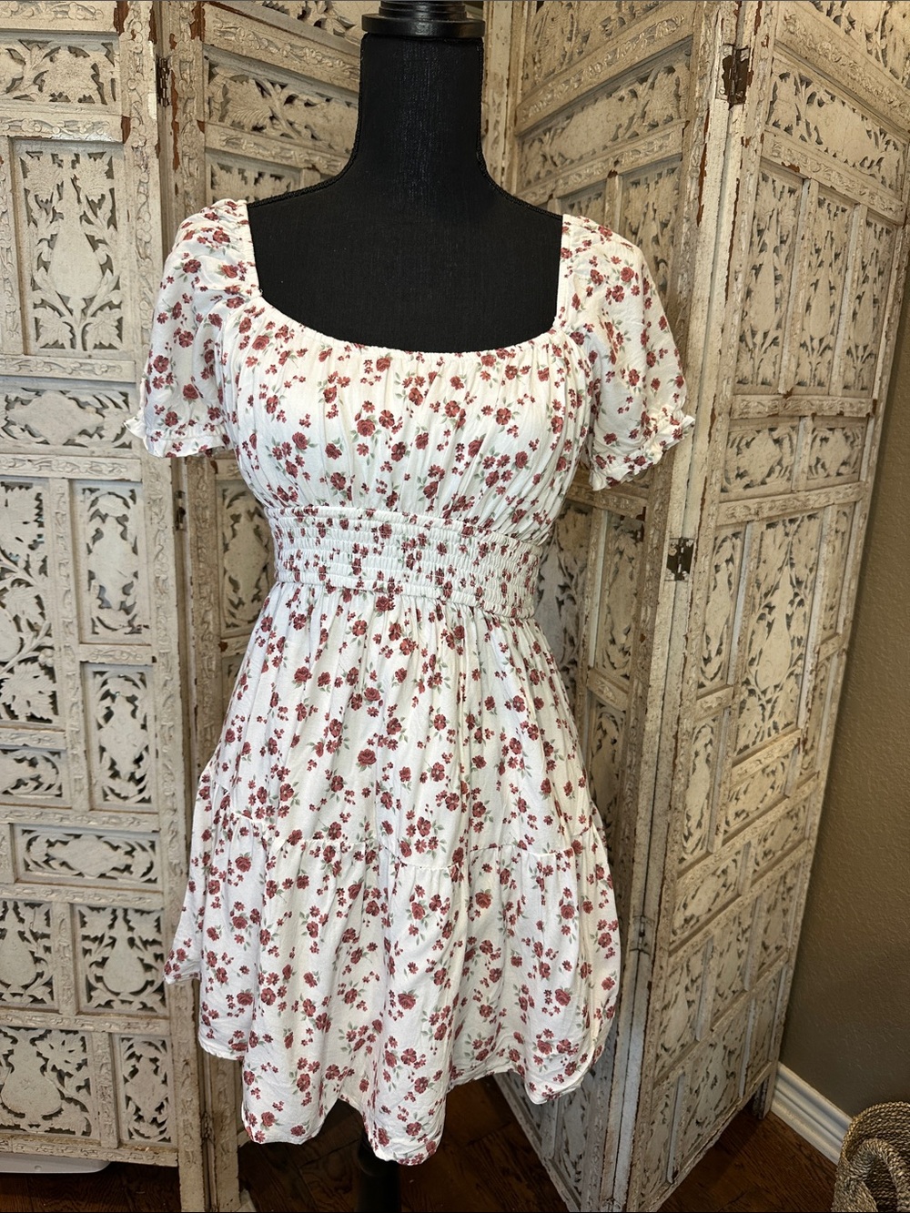 Hollister White Mini Romper/Dress with Red Floral Print